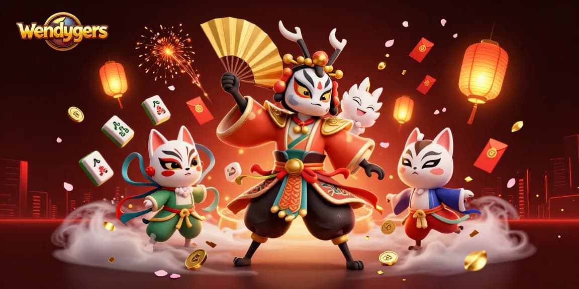 Wendygers menampilkan suasana slot gacor dengan karakter kabuki dan barang keberuntungan, penuh warna dan detail.