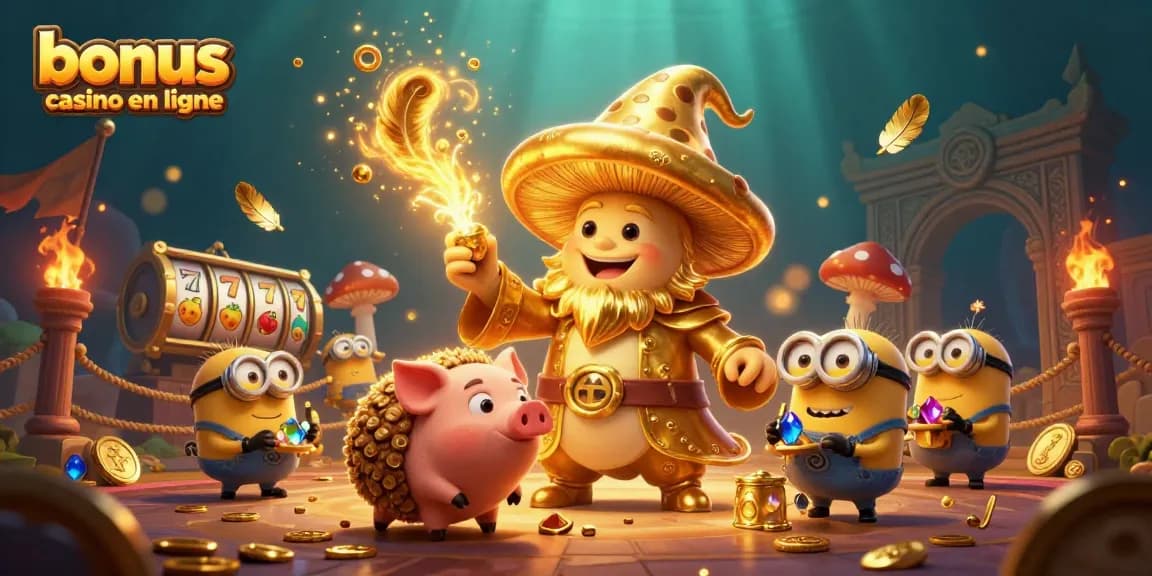Bonus casino en ligne: Illustration de jeu avec un sorcier funghi et trésors scintillants.