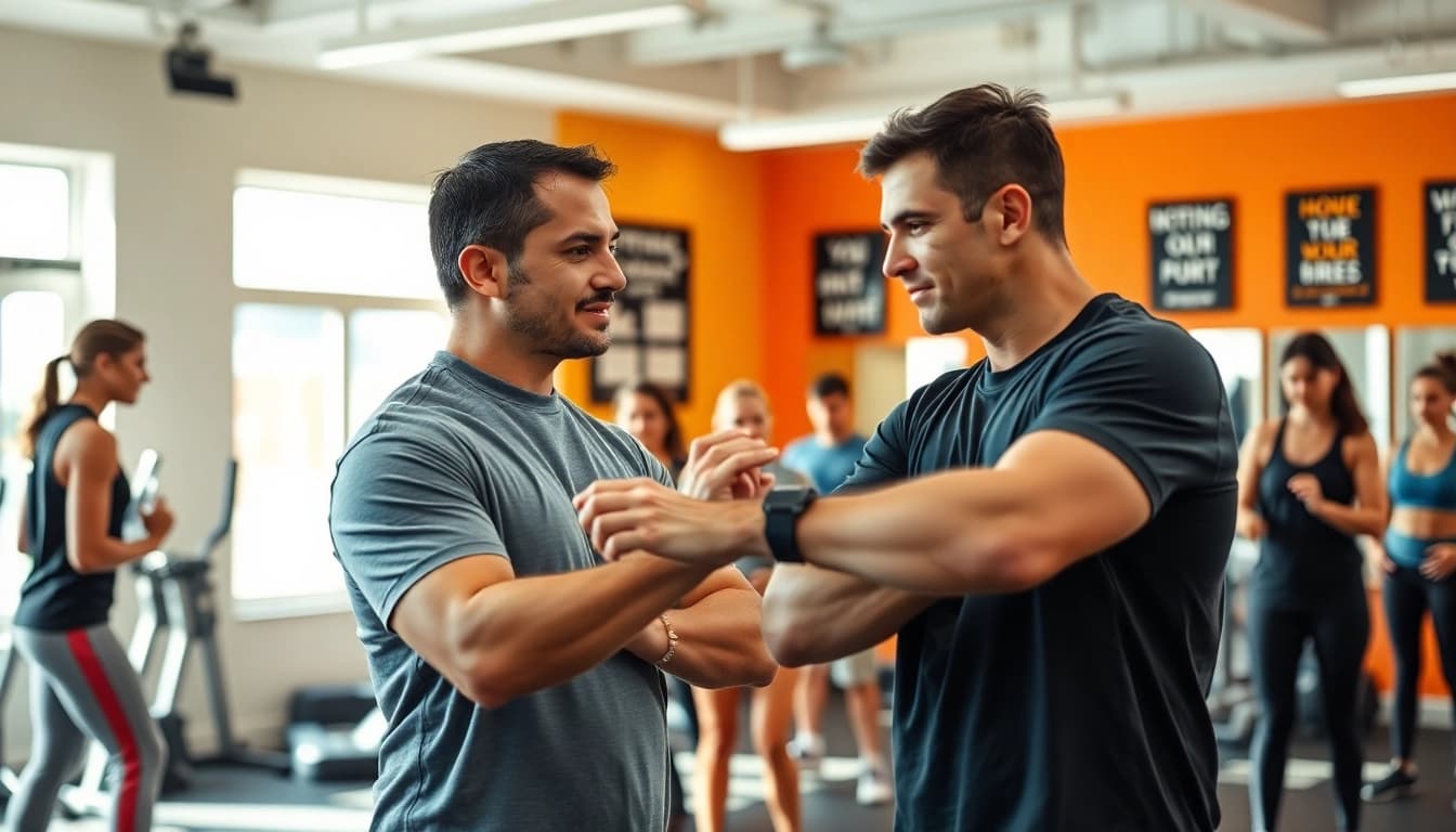 Overcoming a weight loss plateau with a fitness coach and diverse individuals in a gym.