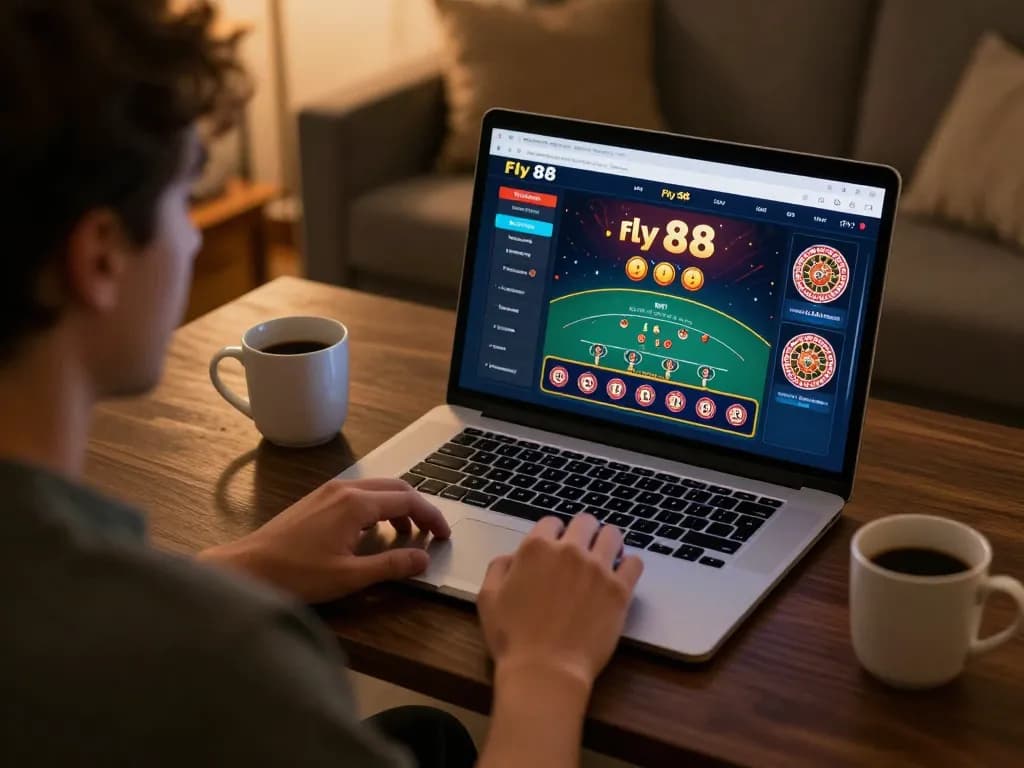 Player enjoying live dealer games on a laptop while using Fly 88 for an engaging online experience
