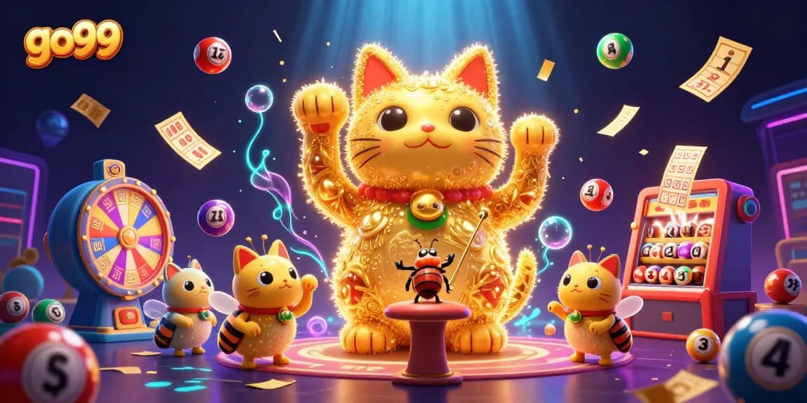 Engage in thrilling games at go99 with colorful lottery symbols and a magical cat illustration.