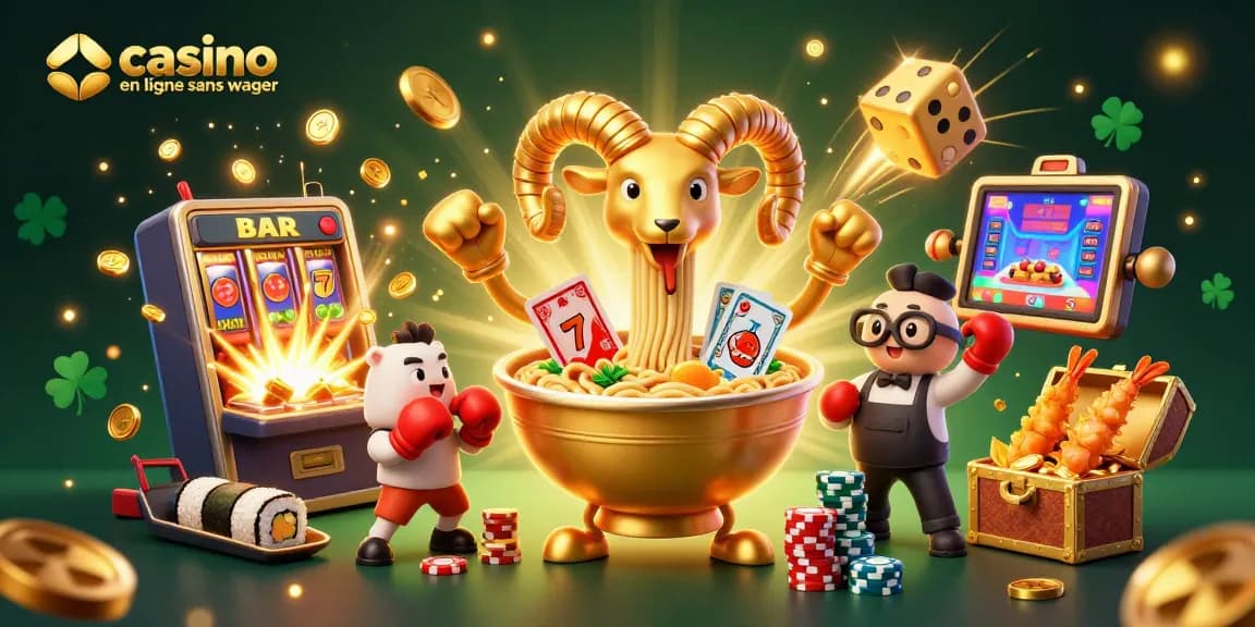 Plongez dans l'univers du casino en ligne sans wager avec un bol de ramen géant distribuant des cartes et des jetons.