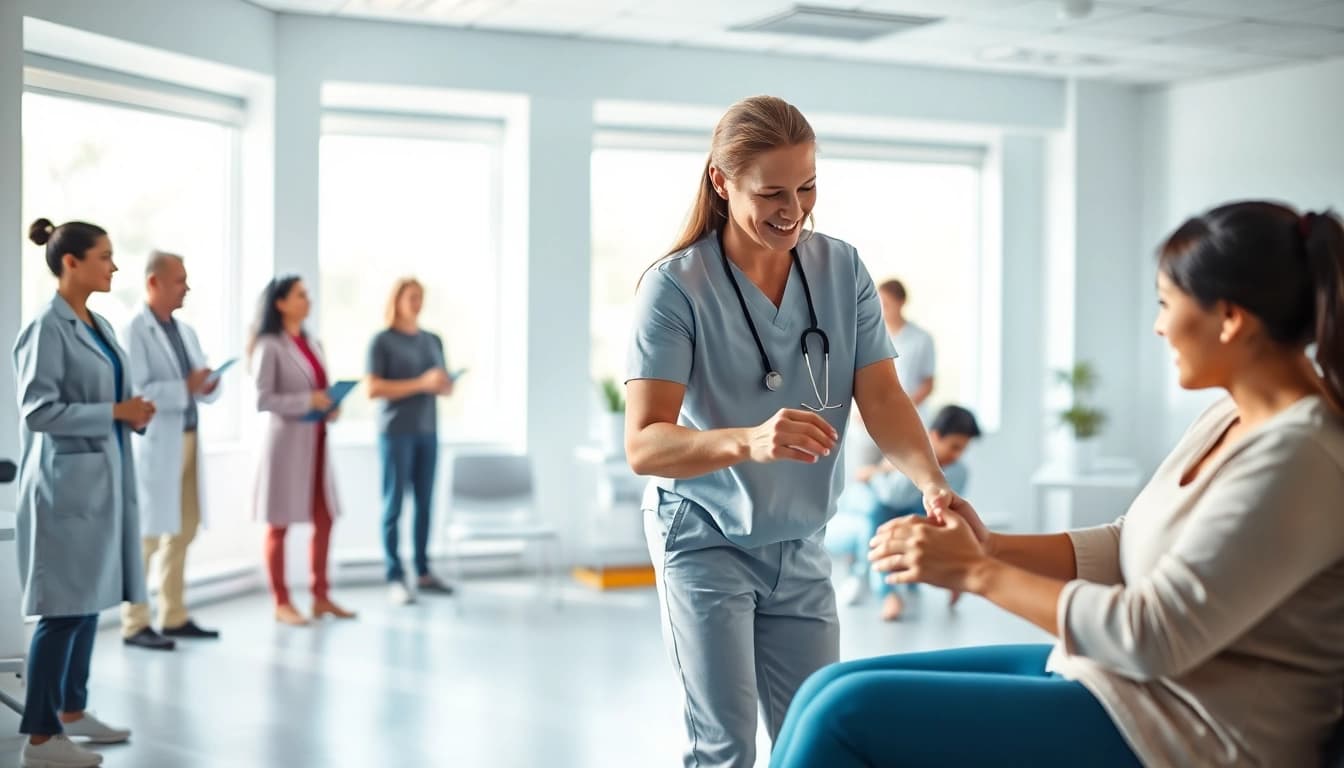 Movenetics physiotherapy session showcasing skilled practitioners and patients in a modern healing environment.