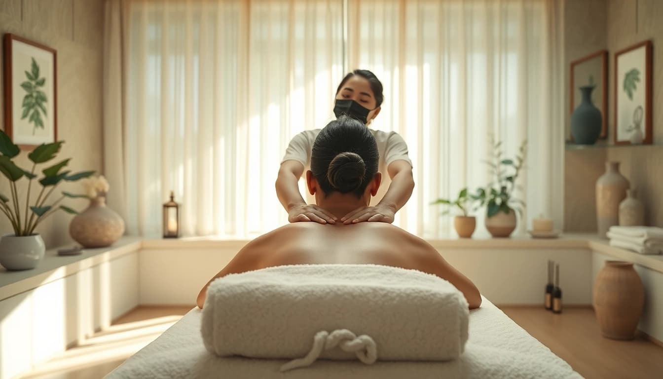 고요한 스파 환경에서 이완과 웰빙을 보여주는 서산마사지의 평화로운 설정.