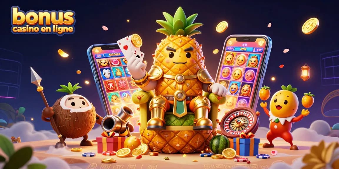 Profitez des bonus casino en ligne en jouant avec le roi ananas sur une plage animée.