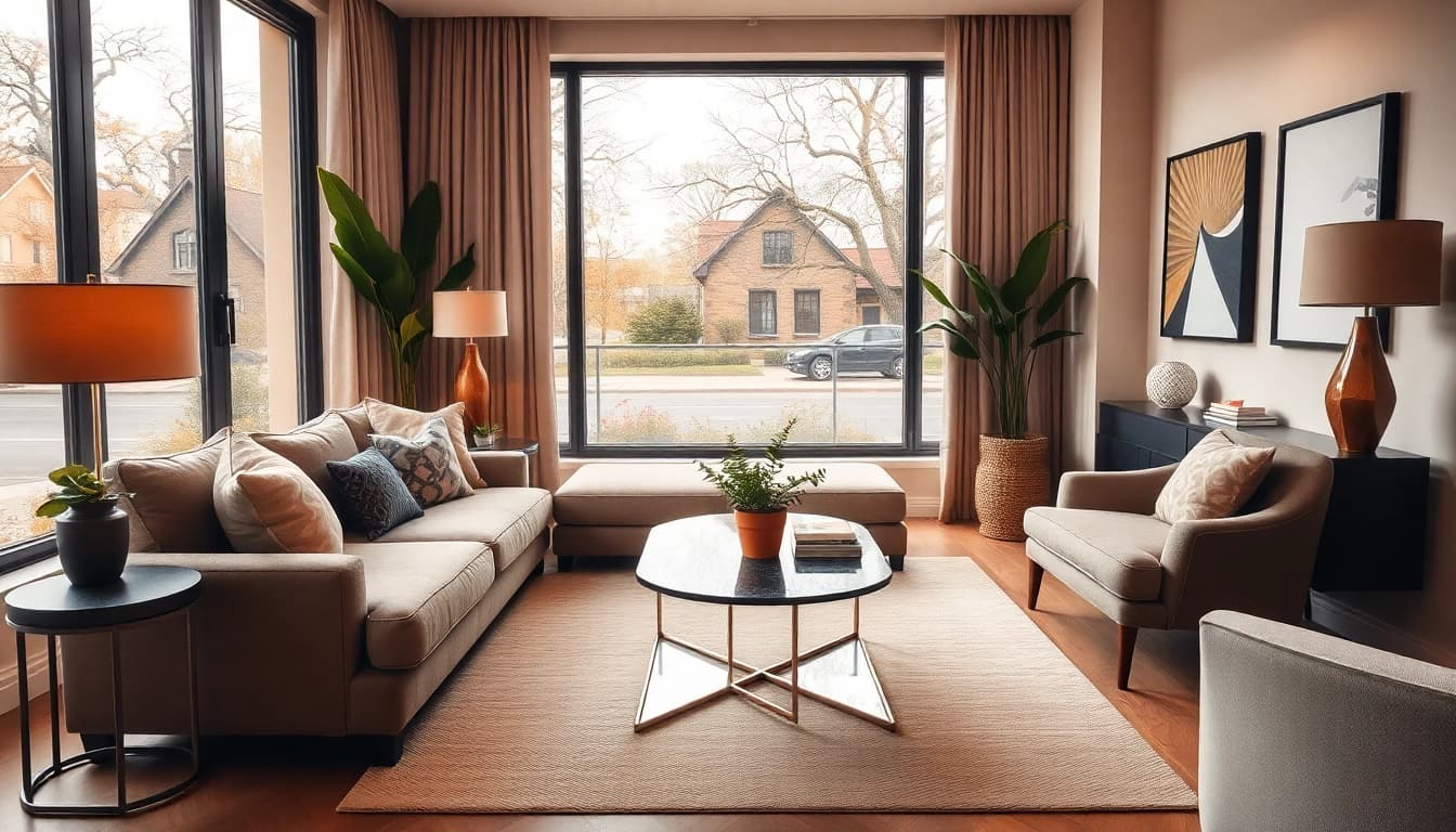 Accommodation in a cozy living space with stylish furnishings and natural light ambiance.