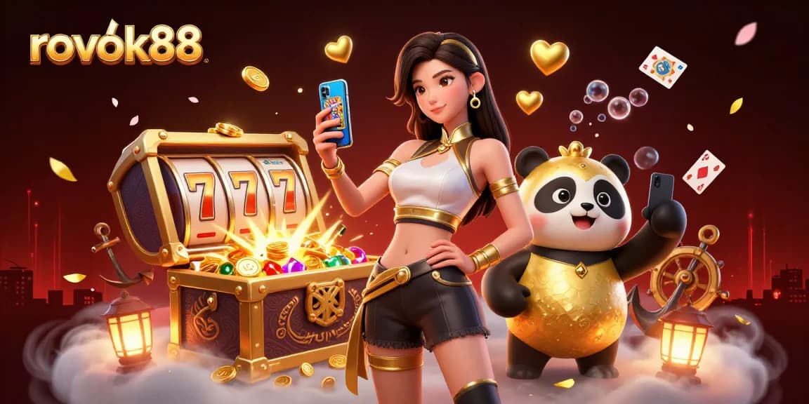 Play exciting casino games with rokok88 illustrated by an elegant woman and a playful panda in a vibrant setting.