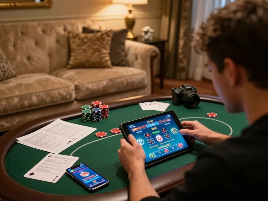 Player strategizing on F168 poker app with tablet in a cozy home gaming setup