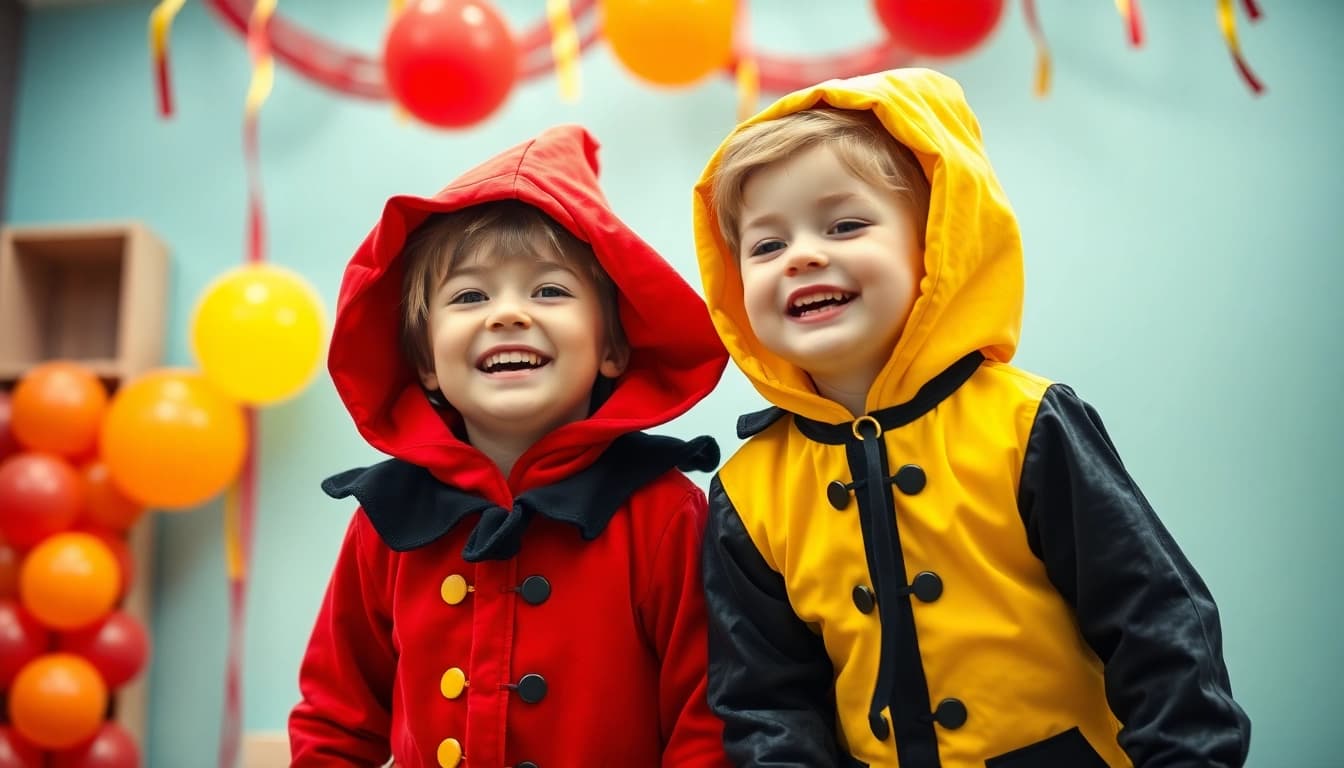 Kinderen in vrolijk pietenpak poseren met feestelijke decoraties.