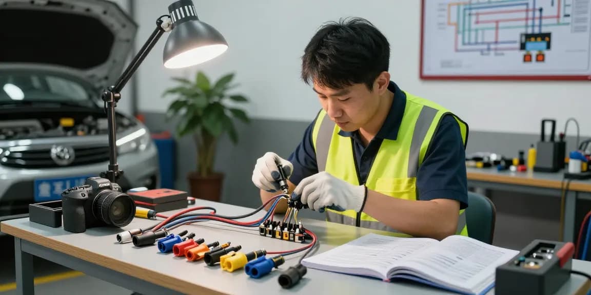 Technician installing automotive electrical connectors in a workshop, showcasing precision and care.