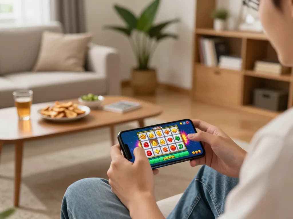 Playing slot mahjong on a smartphone in a cozy home setting with snacks and vibrant game graphics.