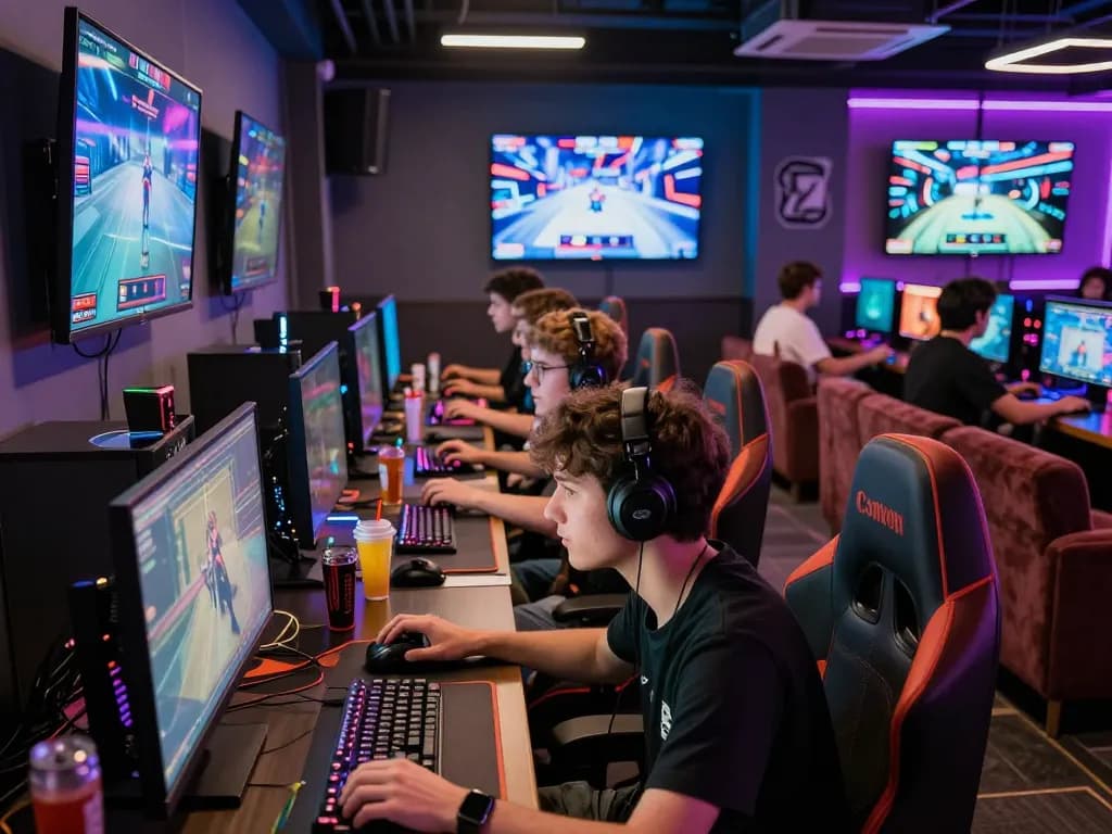 Nổ hũ hubet88 in an exciting esports betting lounge with gamers engaging in intense gameplay.