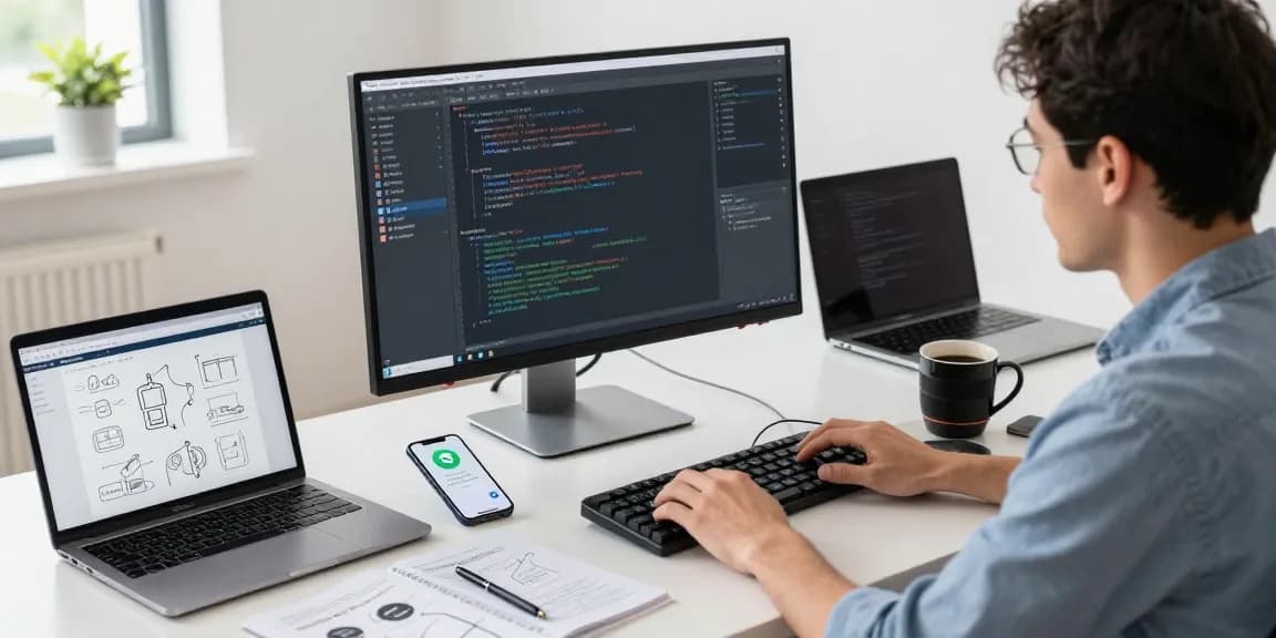 Innovative workspace focusing on a developer coding Telegram中文版 using multiple devices in a modern tech environment