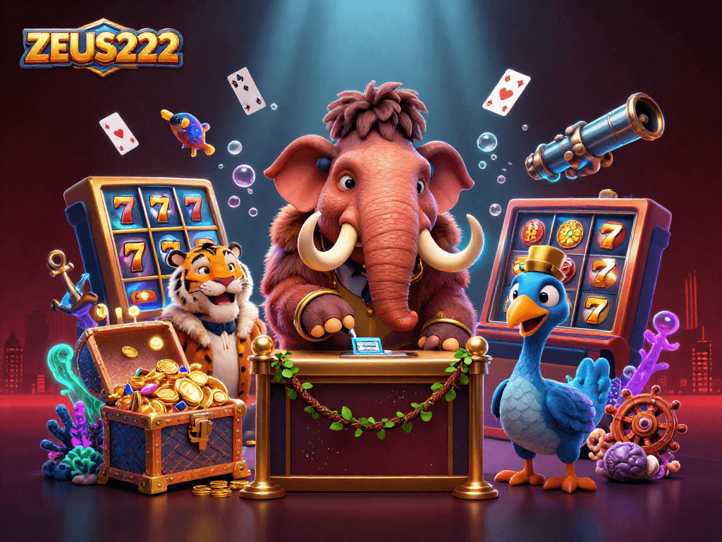 Engage with ZEUS222's vibrant casino scene featuring characters and slot elements for dynamic gaming fun.