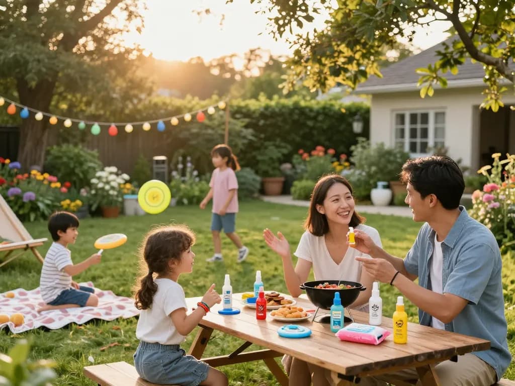 Family enjoying a summer barbecue while using mosquito repellent outdoors.