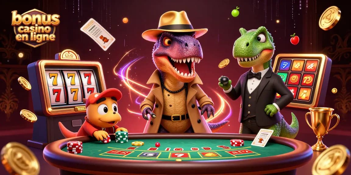 Gagnez avec le bonus casino en ligne dans une illustration vibrante de dinosaures au jeu.