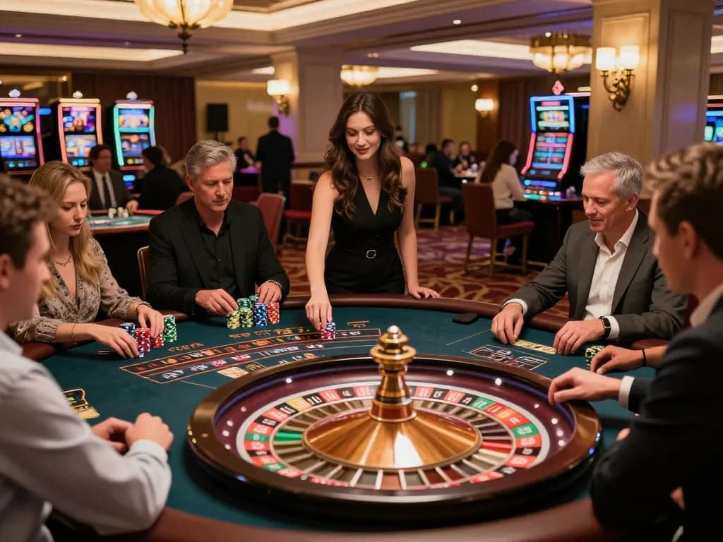 Hitclubapk players enjoying an exciting moment at a roulette table in a luxurious casino.