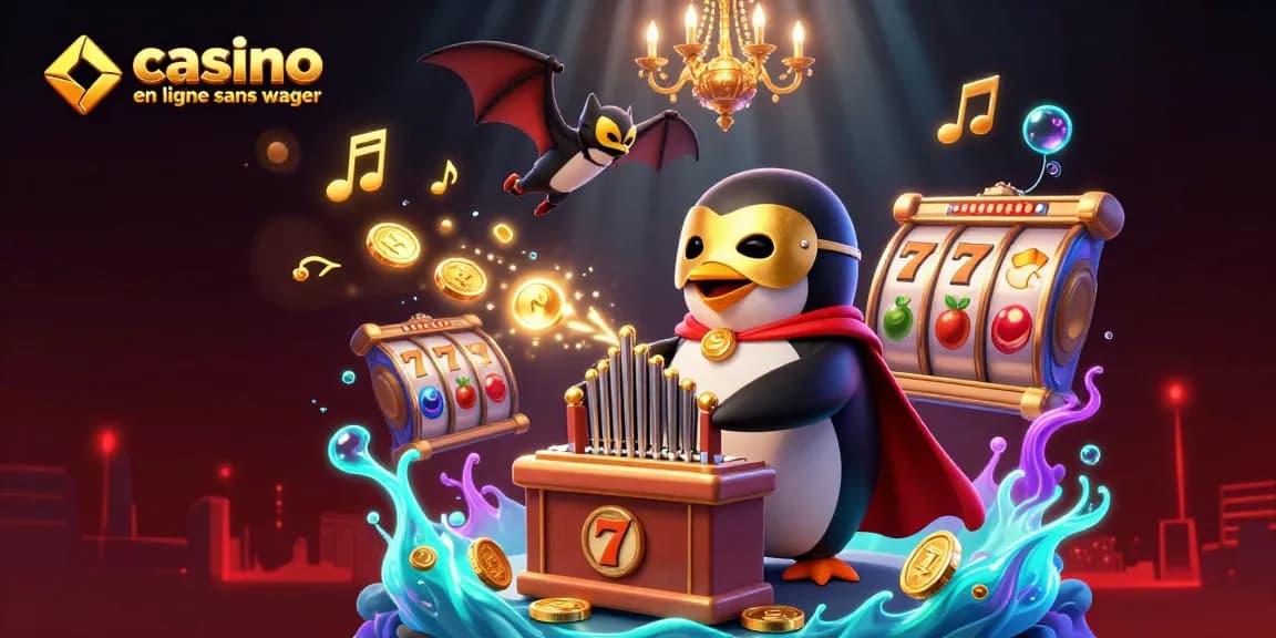 Profitez du casino en ligne sans wager avec une illustration éblouissante d'un pingouin, des pièces d'or, et des machines à sous.