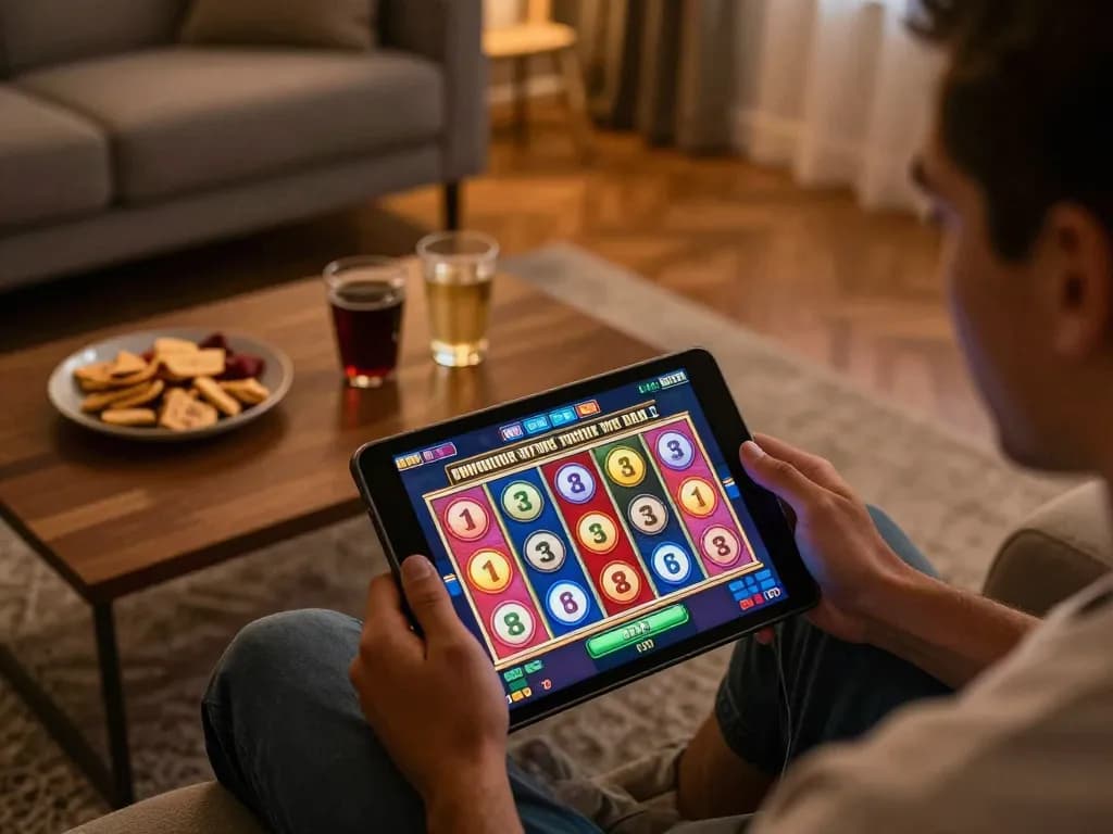 Engaging gameplay of slot bet 200 on a tablet, showcasing vibrant reels and a cozy home setup.
