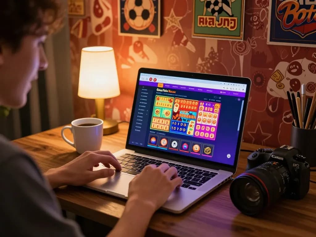 Situs Toto Macau player engaging in online lottery gaming from home with a laptop