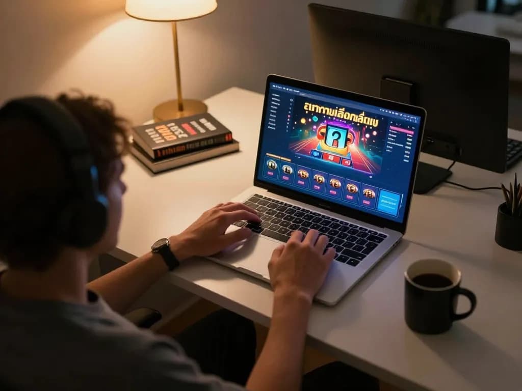 Engaging in ทดลองเล่นสล็อต online, showcasing a user-friendly gaming experience at home.