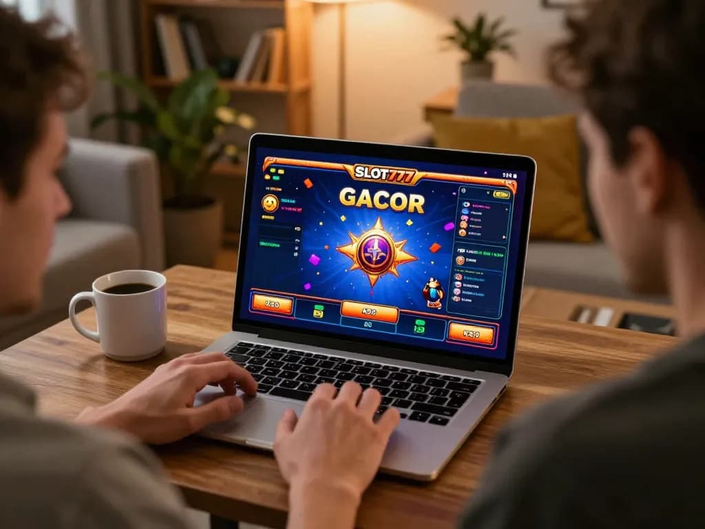 Engaging scene with a player enjoying SLOT777 gacor game on laptop, highlighting home online gambling atmosphere