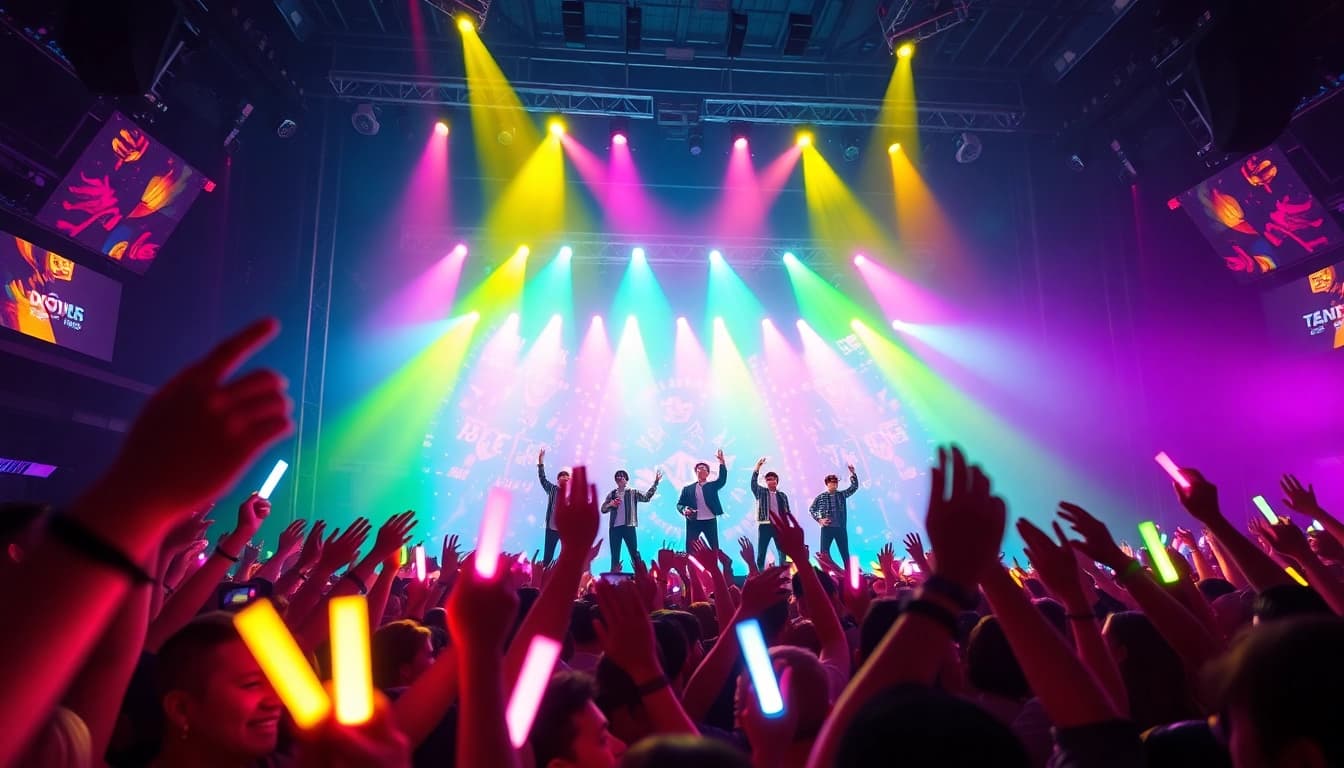 BTS news highlights a lively concert with fans excitedly waving lightsticks.