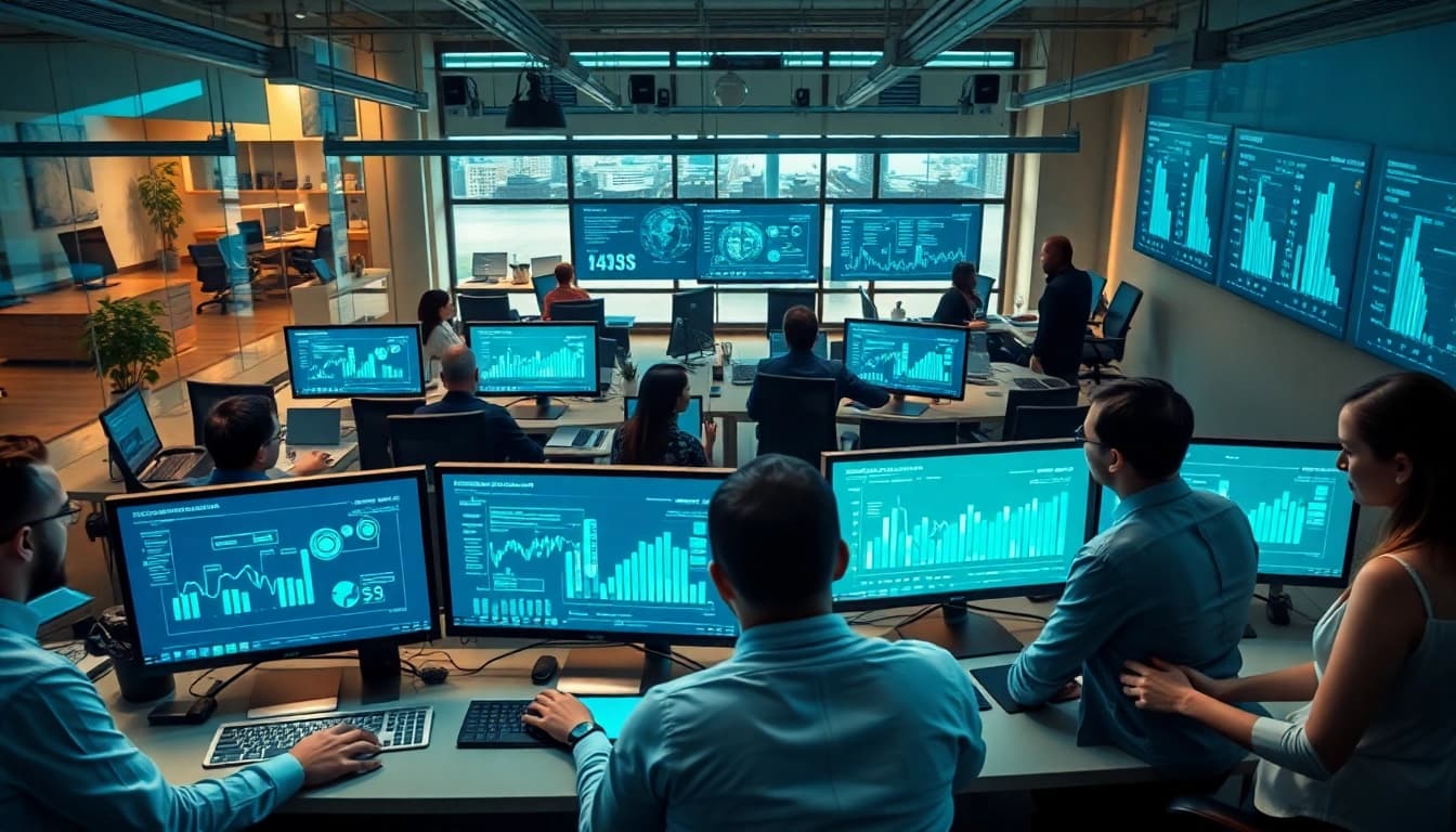 Infosec chart analysis in a professional office environment emphasizing cybersecurity.