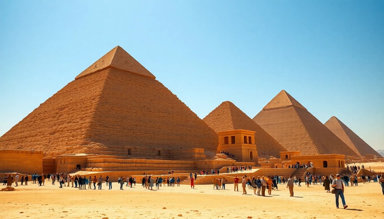 Piraminds towering against a stunning sunset, surrounded by visitors exploring Egypt's ancient history.