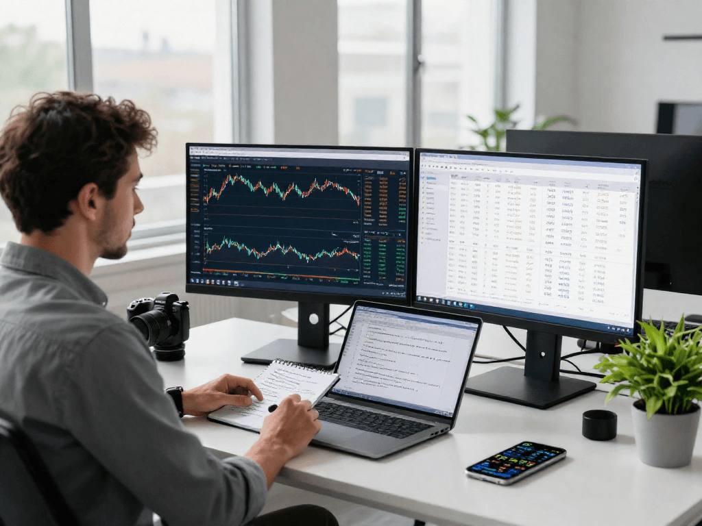 Traders analyzing market trends on the MetaTrader 5 platform in a modern workspace.