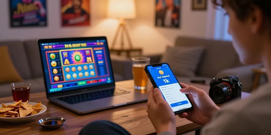 Engaging scene of slot deposit 1k gameplay on a mobile device in a cozy home setting