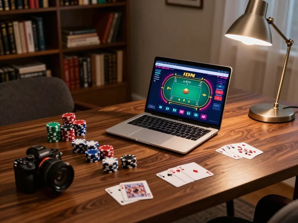 Bergarung dalam idn poker online dari kantor rumah yang stylish dengan antarmuka permainan yang vibrant.
