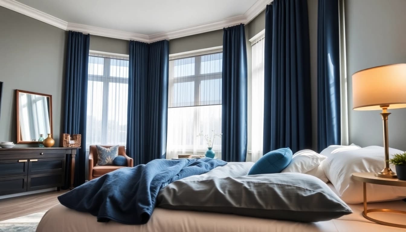 Verduisterende gordijnen zorgen voor optimale verduistering en stijlen in een moderne slaapkamer.