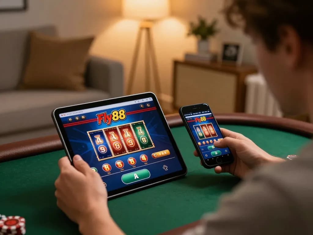Engaging with Fly88's online casino on a tablet, showcasing exciting gameplay.
