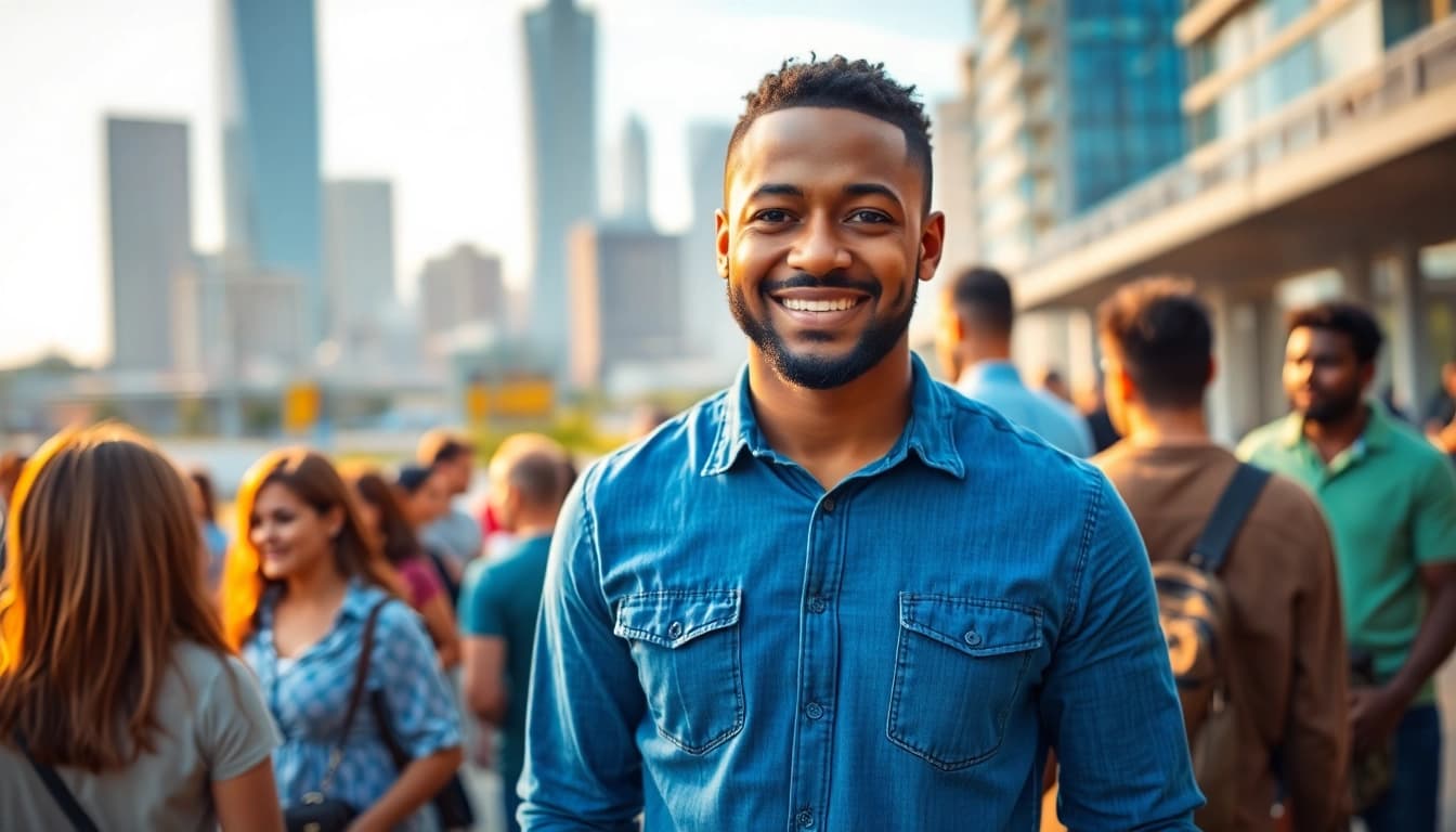 Chance Freeman engaging with a diverse community in a vibrant urban landscape.