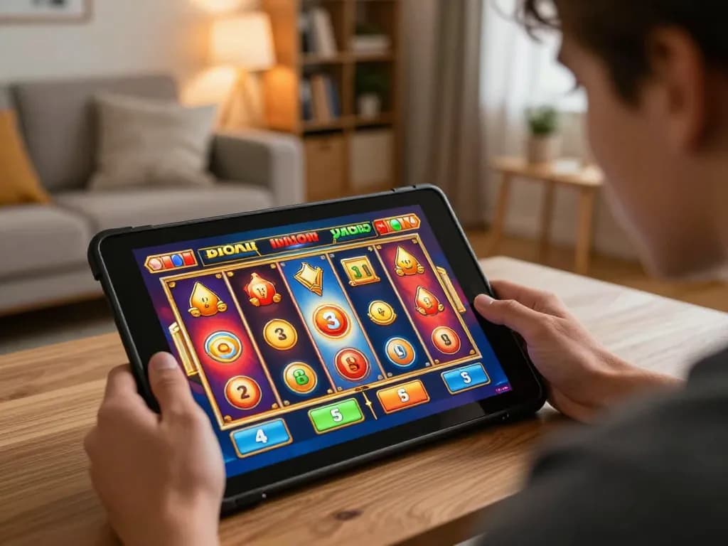 Engaging online gaming moment showing slot gacor hari ini on a player's tablet in a cozy setting.