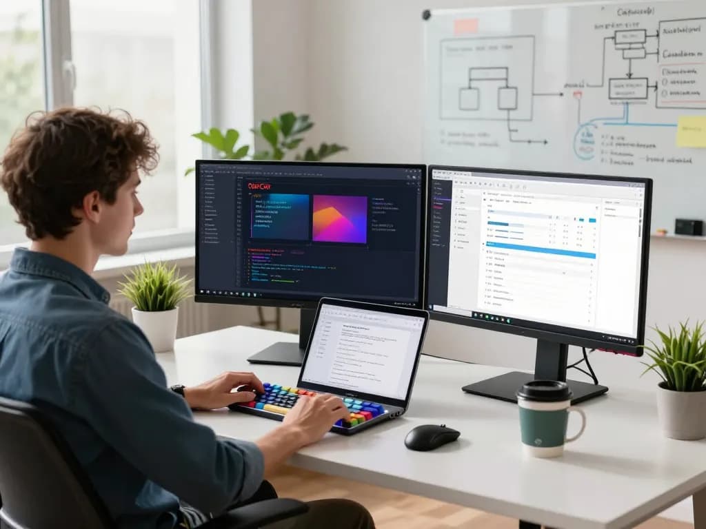 Developer using OpenClaw AI on dual monitors in a modern tech workspace