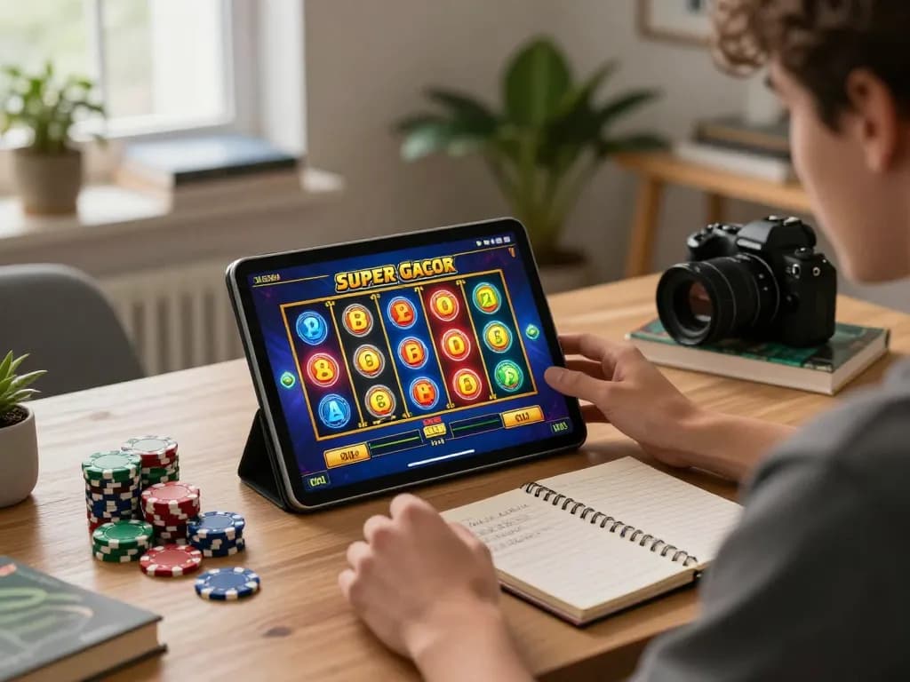 Player enjoying slot kamboja super gacor game on tablet with poker chips and notepad in cozy home office.