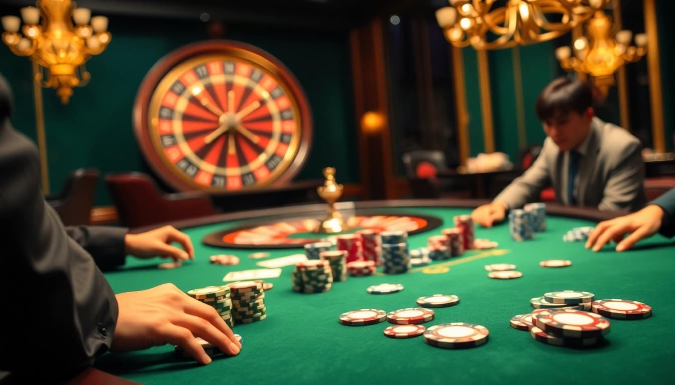 Experience thrilling gaming action at 8KBET's high-stakes poker table with vibrant chips.