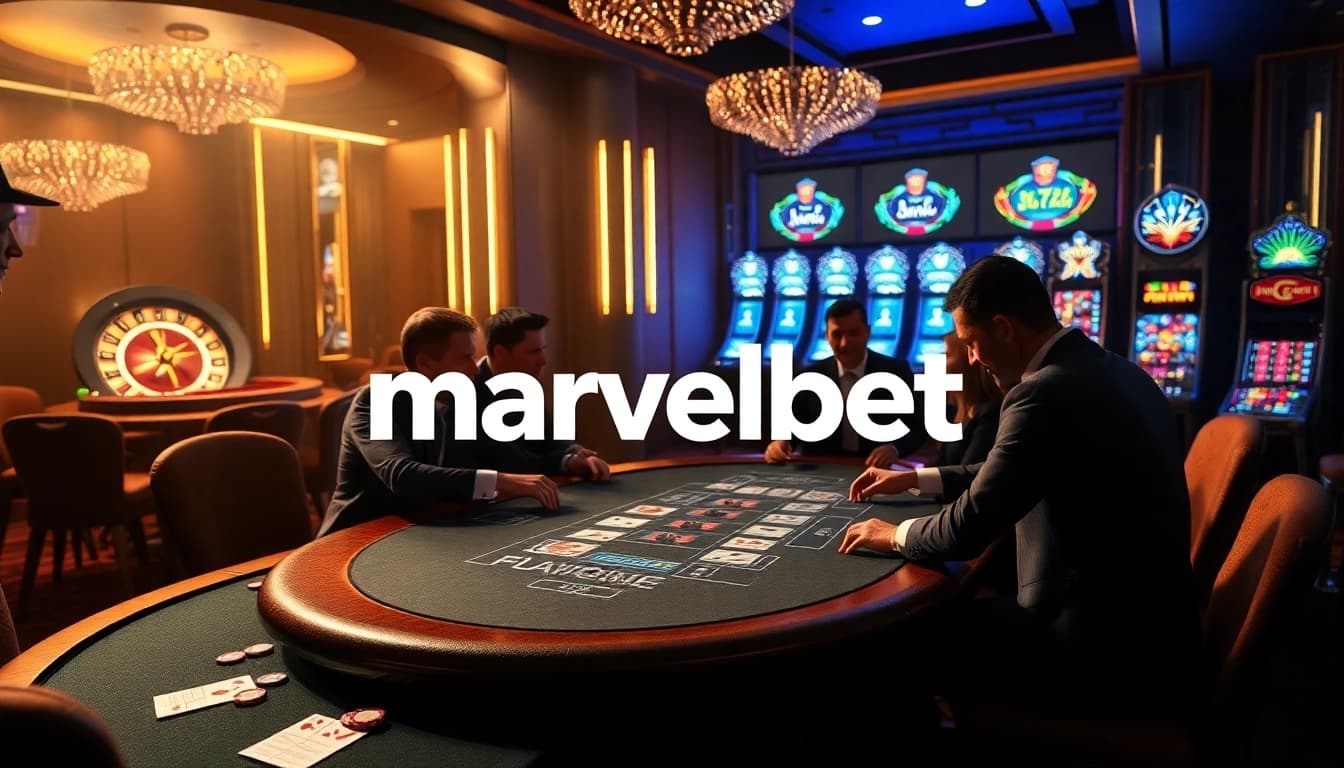 Marvelbet showcases an engaging poker game with vibrant slot machines and intense players.