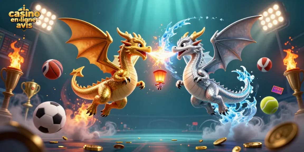 Découvrez un dragon d'or et un dragon d'argent dans une scène dynamique, célébrant les jeux de casino en ligne avis.