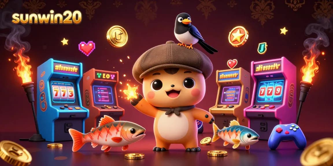 Engage with sunwin20's vibrant gaming scene featuring adorable characters in a colorful casino environment.
