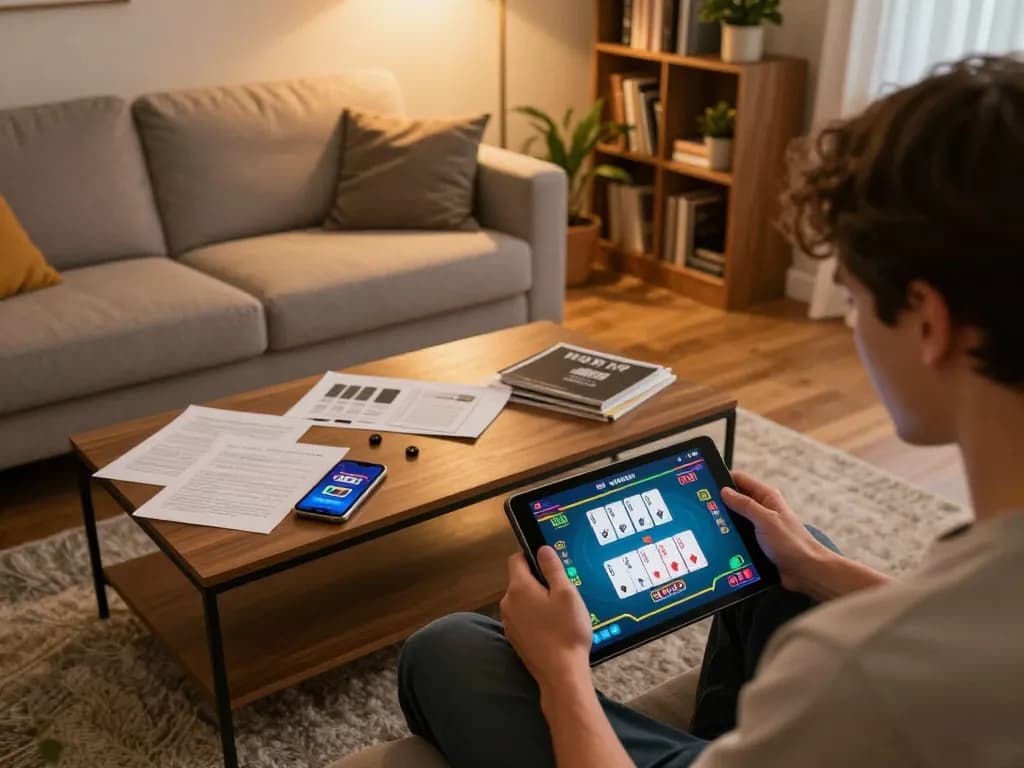 Engaging in slot777 online gaming with tablet in cozy living room, promoting comfortable gambling experience