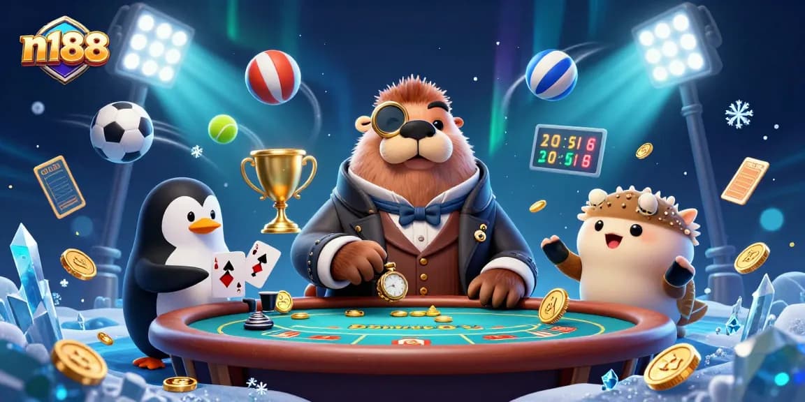 n188 a lively underwater casino scene with a walrus and animated characters engaging at a poker table.