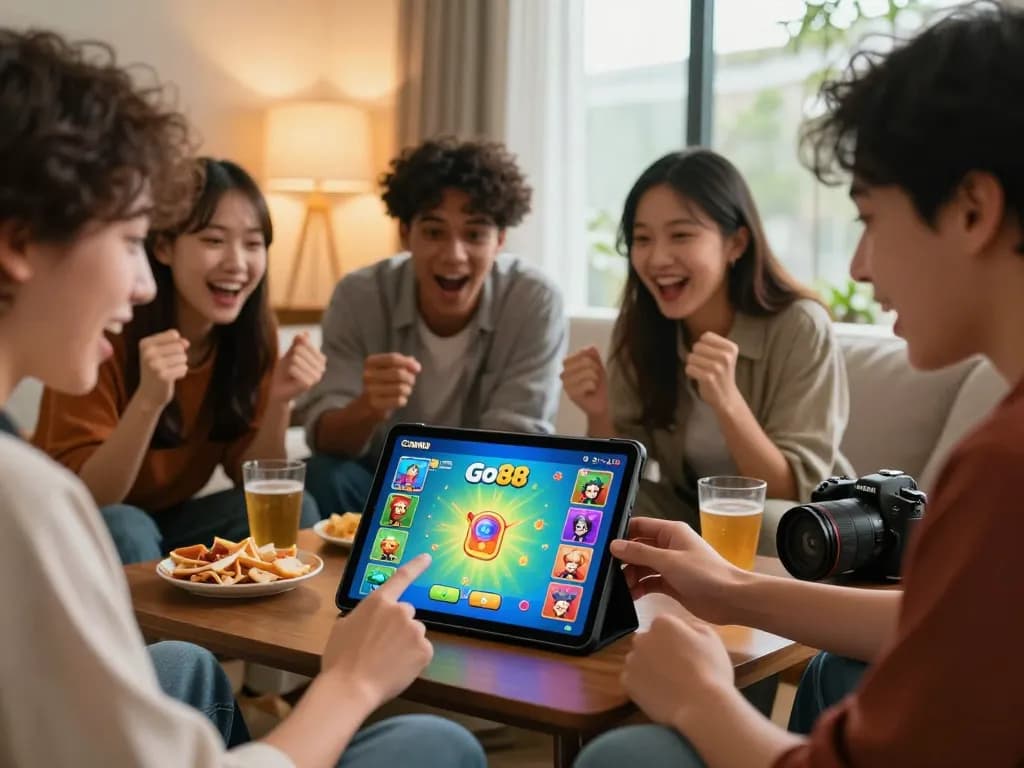 Excited friends playing tải go88 game app on tablet, showcasing vibrant interactions and cozy atmosphere.