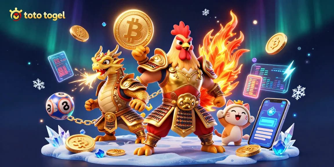 Adegan togel toto menampilkan ayam jantan pejuang yang menang dan naga, diterangi oleh elemen cryptocurrency.