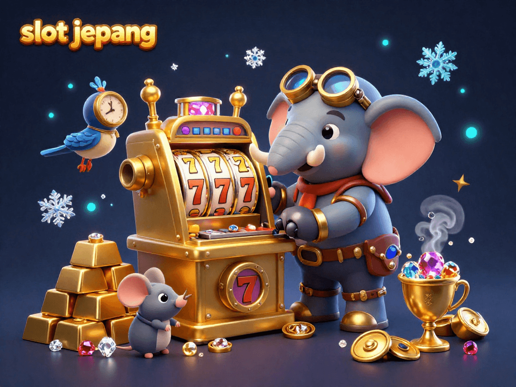 Experience the excitement of slot jepang with a steampunk elephant operating a golden slot machine amidst sparkling treasures.
