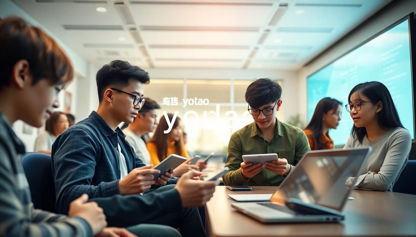 Youdao digital learning environment with students using advanced technology in an engaging setting.