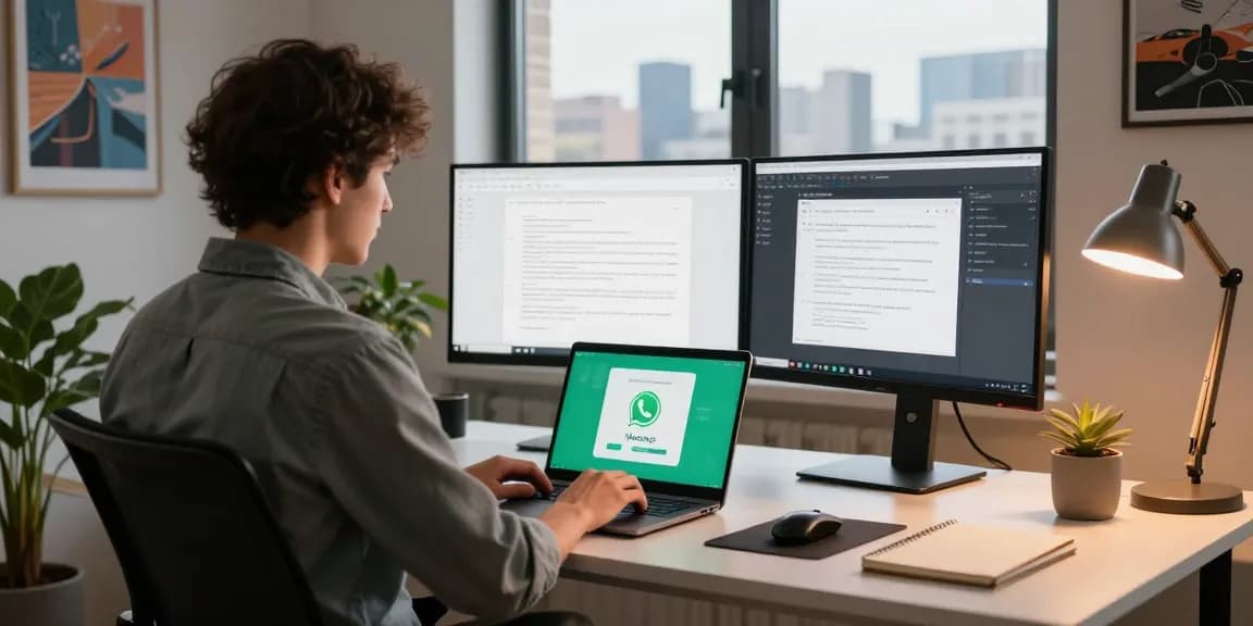 Engaging workspace featuring WhatsApp電腦版 on a laptop in a vibrant tech environment.