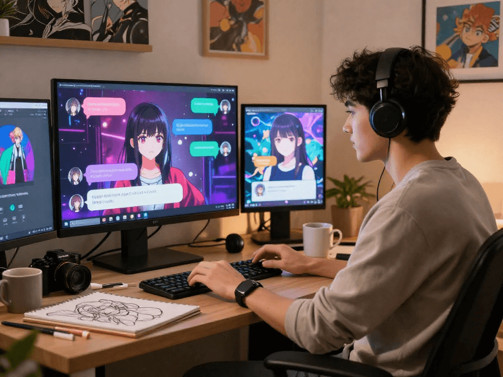 User enjoying hentai AI chat experience in a cozy home office